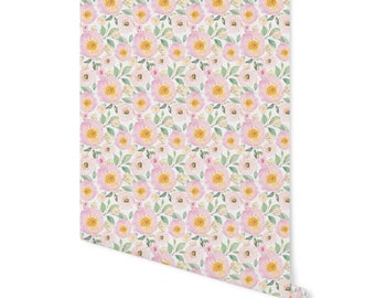 May include: A seamless pattern featuring pink and yellow watercolor flowers with green leaves on a white background.