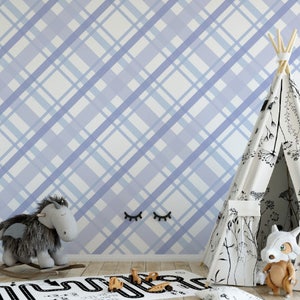 blue and white peel and stick wallpaper plaid diagonal nursery/ Baby Blue Plaid Wallpaper/ Removable Wallpaper