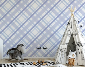 Blue Plaid Peel and Stick Wallpaper, Nursery Diagonal Pattern