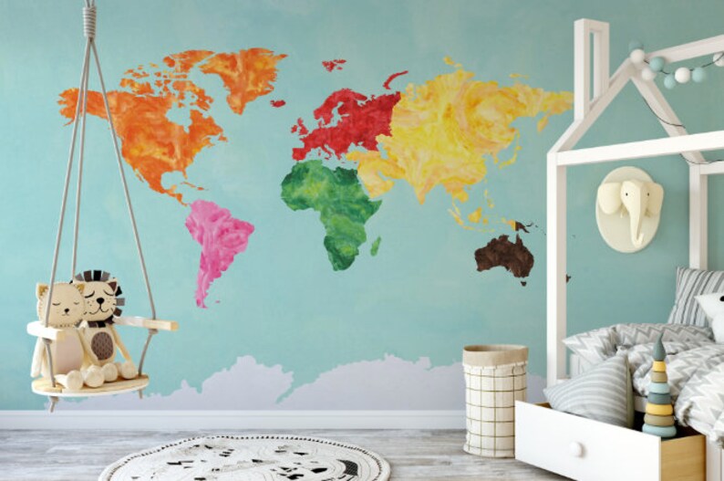 Montessori Colors Watercolor Map Wallpaper Map Wall Mural Self-Adhesive Reusable Removable Wallpaper Peel and Stick