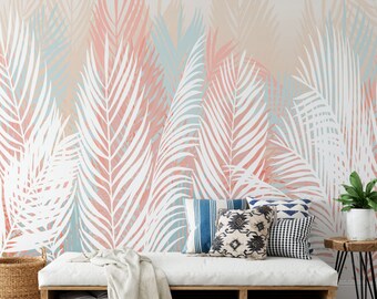 Peel and Stick Wallpaper Tropical Palm/ Cognac, Coral & Blue Palm Mural/ Removable/ Peel and Stick/ Unpasted/ Pre-Pasted Wallpaper WW2266