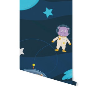 Peel and Stick Wallpaper Nursery/ Animals in Space Mural Removable Wallpaper/ Self-Adhesive Reusable Wall Mural WW1826