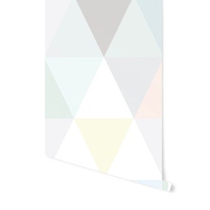 May include: A seamless pattern of pastel colored triangles in a geometric design. The colors are light blue, light green, light pink, light yellow, and gray.