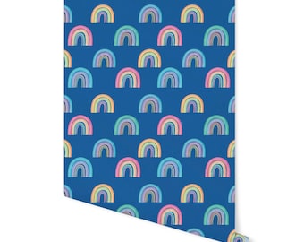 Bright Watercolor Rainbow With Blue Background Wallpaper/ Removable/ Peel & Stick Wallpaper/ Unpasted Wallpaper/ PrePasted Wallpaper WW20109