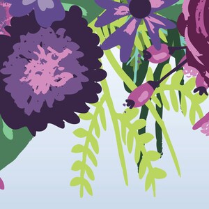May include: A digital illustration of a bouquet of purple, pink, and green flowers. The flowers are painted in a loose, abstract style.