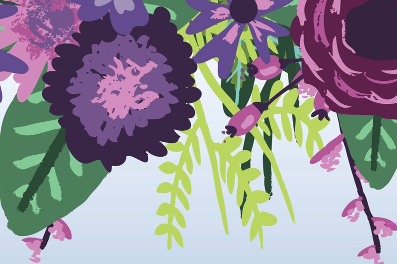 May include: A digital illustration of a bouquet of purple, pink, and green flowers. The flowers are painted in a loose, abstract style.