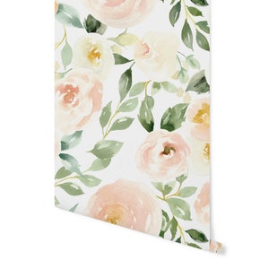 Nursery Wallpaper Pink Flowers/ Romantic Pink Watercolor Roses Wallpaper/ Removable Wallpaper/ Unpasted/ Pre-Pasted Wallpaper WW2304