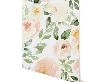 May include: A seamless pattern featuring watercolour pink and white flowers with green leaves on a white background.