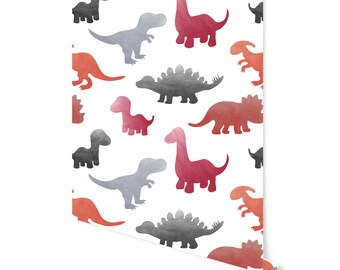 Dinosaur Wallpaper Red and Gray Watercolor Kids Wallpaper/ Removable/ Unpasted/ Pre-Pasted Wallpaper WW2272