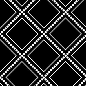 May include: Black and white geometric pattern with a repeating diamond shape design. The diamonds are outlined in white and have a dotted line pattern.