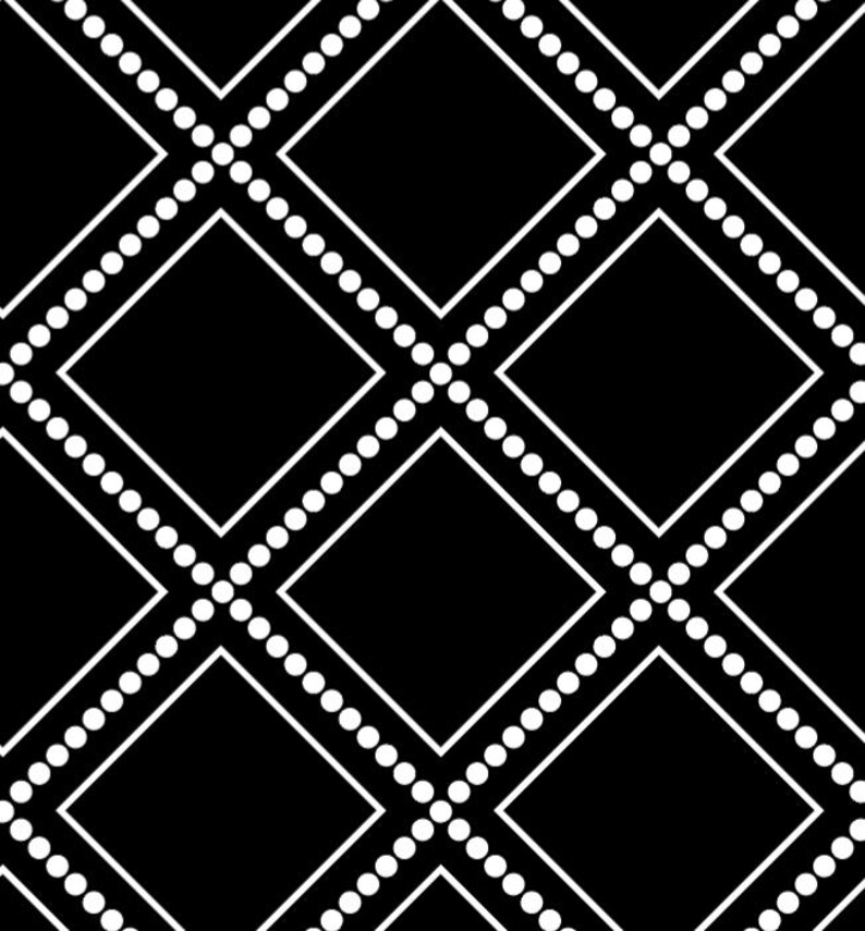 May include: Black and white geometric pattern with a repeating diamond shape design. The diamonds are outlined in white and have a dotted line pattern.
