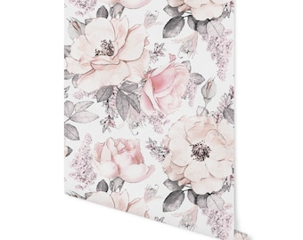 May include: A seamless pattern featuring watercolour-style pink roses and grey leaves on a white background. The floral design is perfect for adding a touch of elegance to any space.
