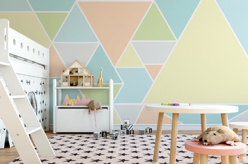 Green and Gray Triangles Removable Wallpaper Triangle Peel and Stick Wallpaper Self-Adhesive Reusable Wall Mural Abstract Peach