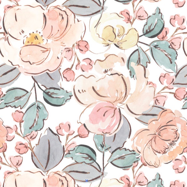 Nursery Wallpaper Pink Flowers/ Blushing Peach Hand Drawn Floral Wallpaper/ Removable Wallpaper/ Unpasted/ Pre-Pasted Wallpaper WW2315