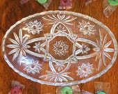 Vintage Anchor Hocking Star Of David EAPC Oval Serving Bowl Clear Pressed Cut Glass Candy Dish Hobstar Fan Pattern W Scalloped Edges