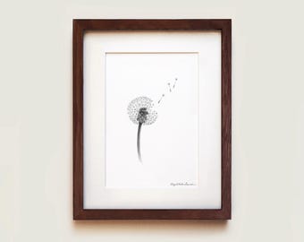 Impression d'art pissenlit : dessin graphite, cadre chêne