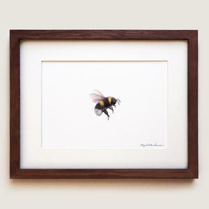 May include: A framed art print featuring a detailed illustration of a bumblebee with yellow, black, and white markings centred on a white background. The artwork is enclosed in a dark brown wooden frame with a white mat and a signature in the corner.