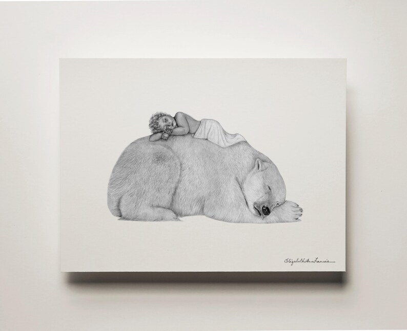 Polar Bear Graphite Art Print: Solid Oak Frame, Archival Paper image 2