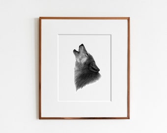 Howling Wolf Graphite Drawing Art Print | Eastern Wolf | Limited Edition Print