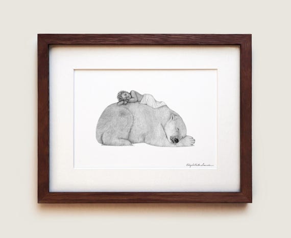 Polar Bear Graphite Art Print: Solid Oak Frame, Archival Paper