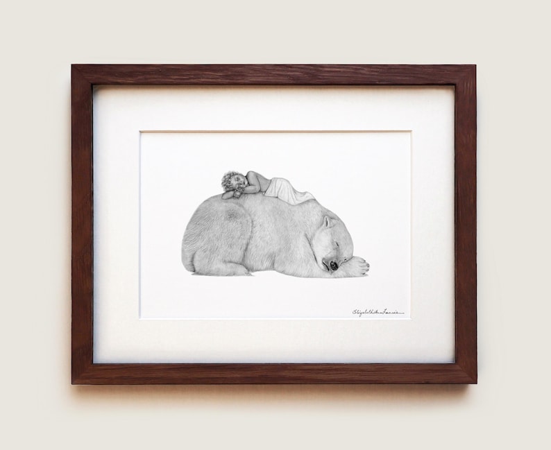 Polar Bear Graphite Art Print: Solid Oak Frame, Archival Paper image 1