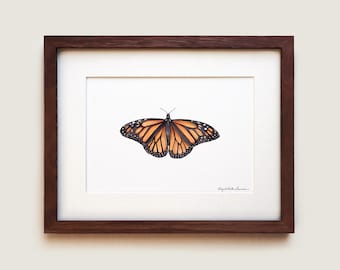 Monarch Butterfly Watercolour Art Print: Entomology Wall Art, Solid Oak Frame