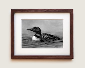 Impresión artística de dibujo de grafito de colimbo común: arte de pared con marco de roble macizo