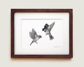 House Sparrows Art Print: Graphite Bird Drawing, Solid Oak Frame Option