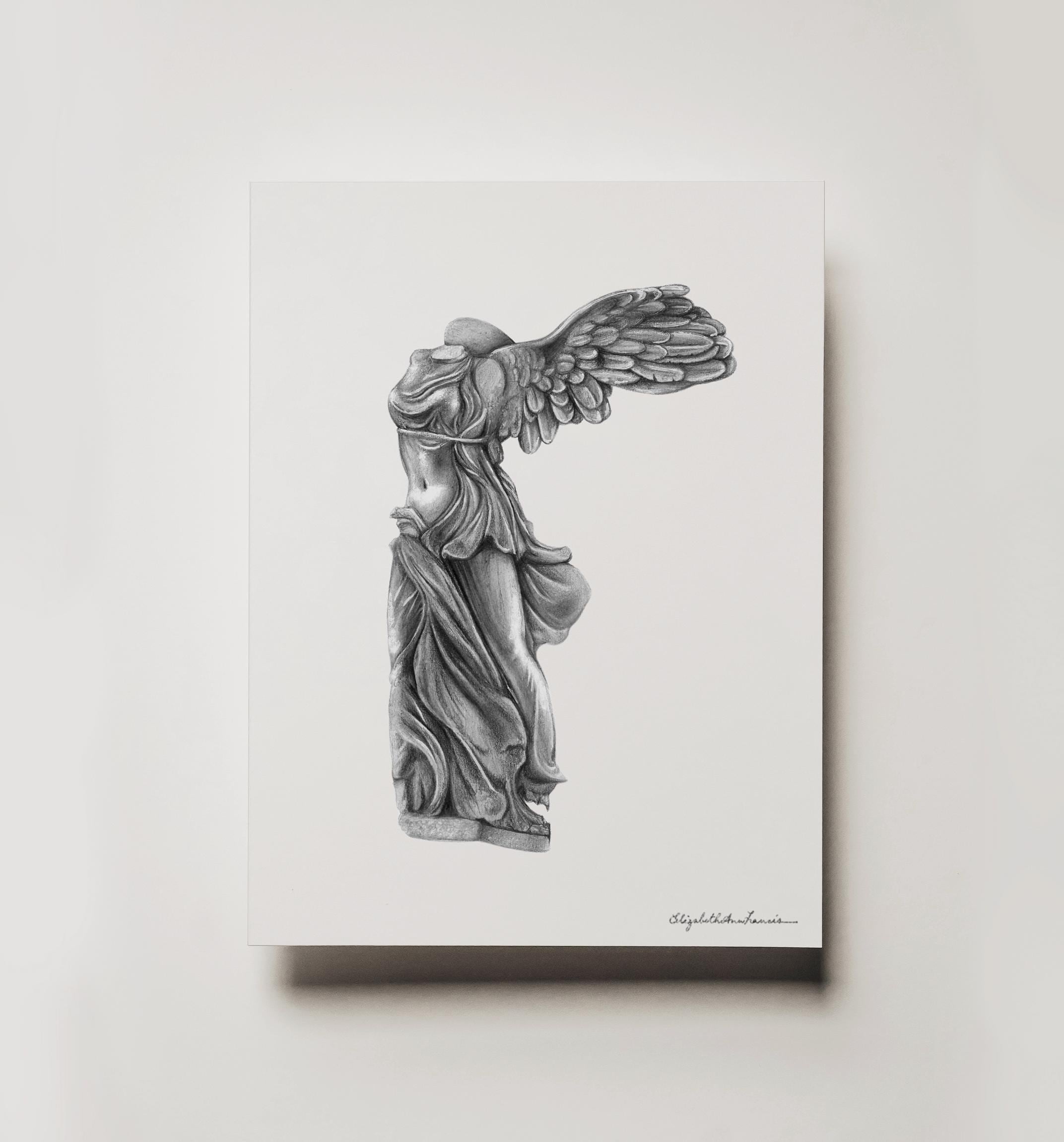 サモトラケのニケの絵画プリント：サイン入り大理石彫刻、オーク材