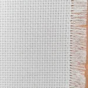 May include: White Aida cloth with a fringed edge. The cloth is woven with a grid pattern, making it ideal for cross-stitch projects.