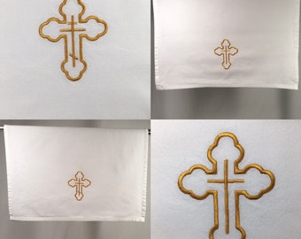 Embroidered  towel white cotton towel with embellished crosses;  orthodox cross;  Easter basket cover; Easter cross embroidery