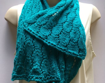 Hand knit lace scarf leaf pattern soft and light beautiful topaz blue scarf