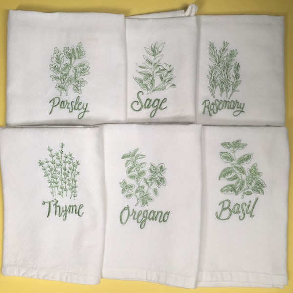 Embroidered kitchen towels; herb garden kitchen towels; hanger loop parsley sage rosemary thyme oregano basil