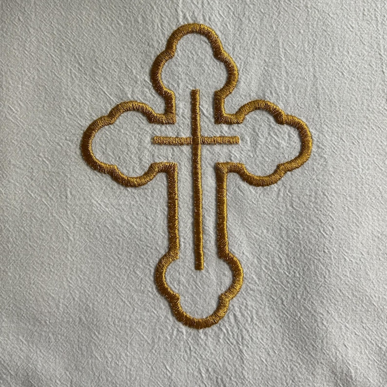 Embroidered flour sack towel white cotton towel with embellished cross; Easter basket cover; Easter cross embroidery Cross in cross