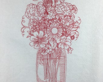Embroidered kitchen towel; Bouquet in mason jar on white cotton towel with red or blue stripes,hanger loop; flower towel