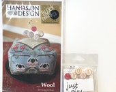 Hands on Design counted cross stitch pattern, Block Party W is for Wool. and pins.