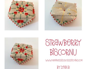 Strawberry Biscornu Pincushion cross stitch pattern, pdf, instant download, cross stitch gift.