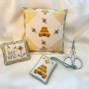 Pdf Bee Cross Stitch Pattern, Bee Pin Pillow, Pin cushion and Scissor Fob.