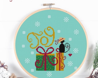 Christmas cross stitch pdf pattern, instant download, black cat Joy cross stitch pattern, cross stitch lover, gift, easy, free delivery.