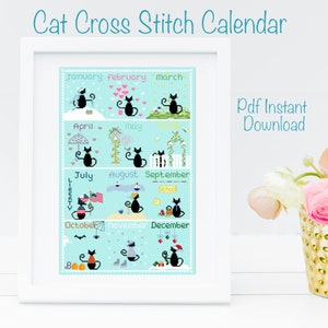 Calendar Black Cat Cross stitch pdf pattern, modern cross stitch, cat lover gift, gift for her, birthday gift.