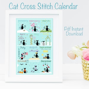 Black Cat Calendar Cross Stitch Pattern: Modern Design (PDF Pattern)
