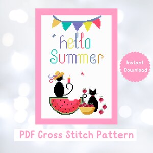 Hello Summer Black Cat Cross Stitch Pattern: Modern PDF (Digital Download)
