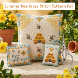 Bee Cross Stitch Pattern, Pillow, Scissor Fob and small pin cushion set to cross stitch, cross stitch gift, gift for mum.