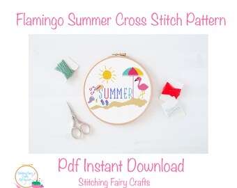 Summer Flamingo pdf cross  stitch pattern, Summer,  instant download, gift for her, cat lover, Mother’s Day FREE DELIVERY