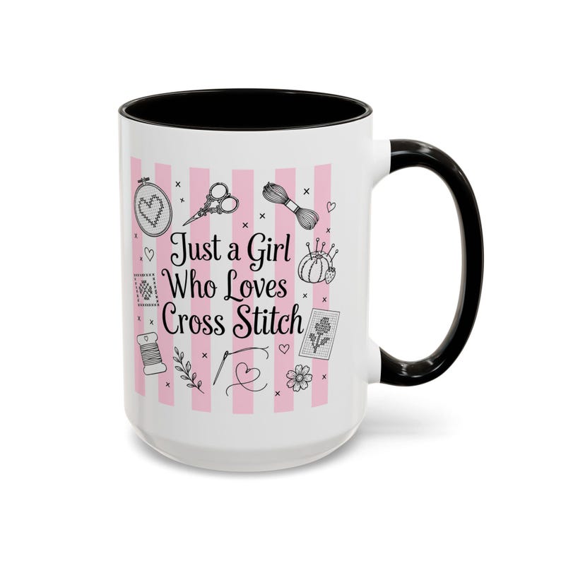 Cross Stitch Mug - "Just a Girl Who Loves Cross Stitch" Pink Striped Ceramic Coffee Cup (11oz/15oz) image 6