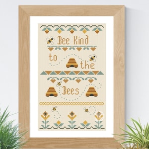 Bee Kind Cross Stitch Pattern: Modern Floral Beehive Design (PDF Pattern)
