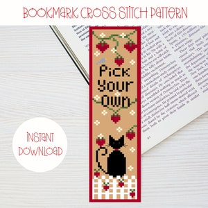 Pdf Strawberry Cat  Bookmark Cross Stitch Pattern, Instant Download, cross stitch gift, book lover