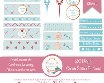 Digital Cross stitch washi tape and stickers, Goodnotes stickers, Instagram story, Scrapbook elements, Bullet Journal Sticker.