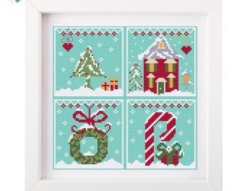 Set of Christmas  Cross stitch pdf patterns, Christmas Tree,  Candy Cane, Christmas House,  Door Wreath, Christmas Gift.