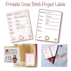 Op de afbeelding: Printbare labels voor kruissteekprojecten met een roze en wit bloemenontwerp. De labels bevatten velden voor ontwerper, diagram, stof, garen, datum en notities. De labels zijn perfect voor het organiseren van kruissteekprojecten.